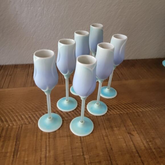 Retired Newman Ceramic Works Blue Rosebud Cordial Glasses Signed Set of 6 - Picture 2 of 10